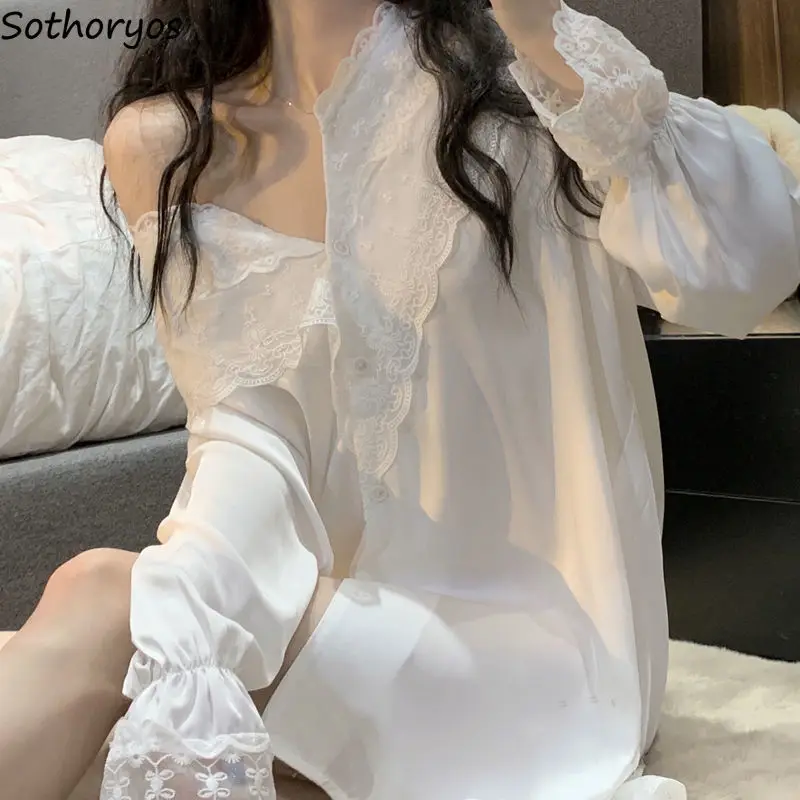 

New Nightgowns Women Simple Lace Sexy Long Sleeve Ladies Sleepwear Thin Single Breasted Side-slit Leisure Homewear Sleepshirts