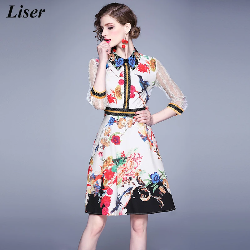 2019 Women Runway Summer Dress Hollow Out Sleeve Lace Floral 3/4 Print Dresses Female Mid-calf Vestidos Robe Femme | Женская одежда