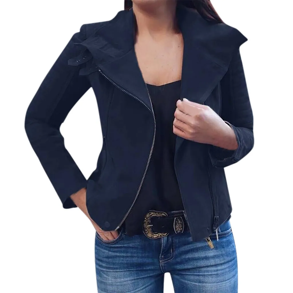 Женская кожаная куртка, Женская Ретро куртка-бомбер с заклепками на молнии, повседневное пальто, модная верхняя одежда - Цвет: Тёмно-синий
