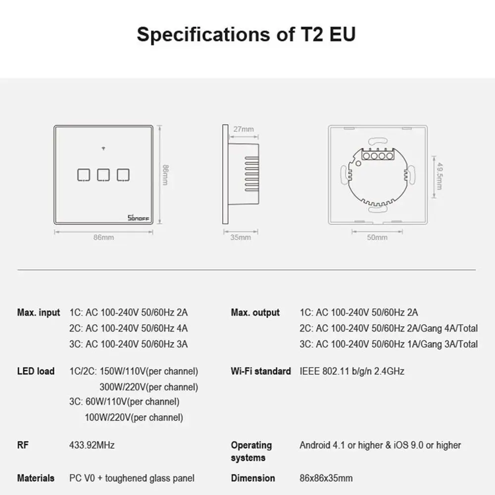 SONOFF T2EU TX Smart Wi Fi настенный сенсорный выключатель с рамкой умный дом 1/2/3 банды 433