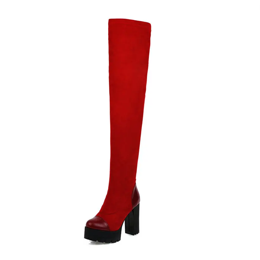 QUTAA/ г. Женские ботфорты зимняя женская обувь на платформе с круглым носком высокие сапоги из PU искусственной кожи на квадратном каблуке в стиле пэчворк размеры 34-43