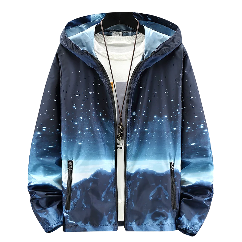 

6XL Plus Size Mens Quick Dry Skin Jackets Coat Sunscreen Waterproof Mens Thin Starry sky print Ultra-Light Windbreake Jacke
