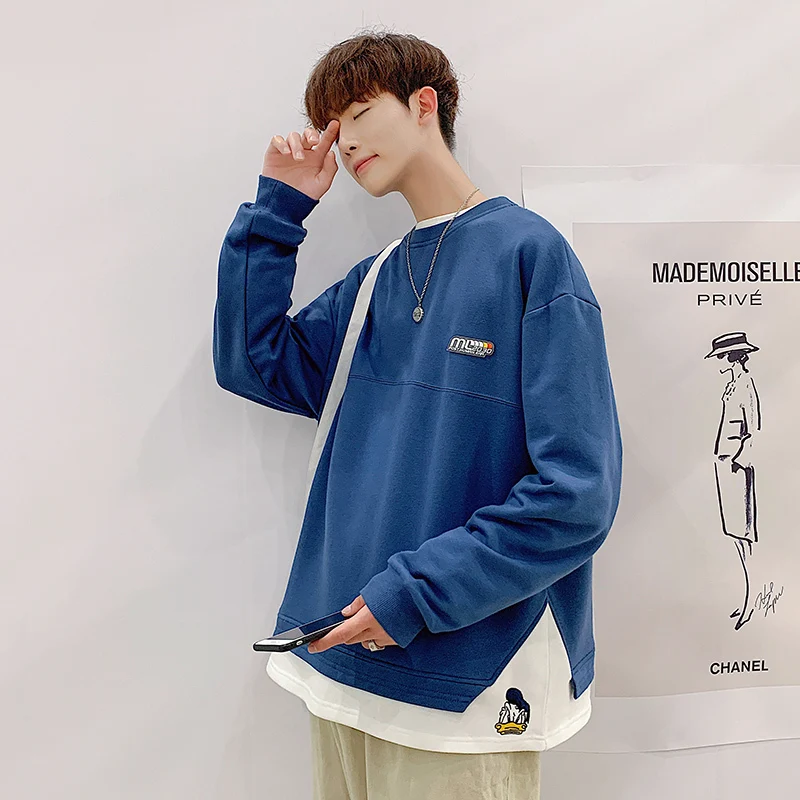 

2019 Spring And Autumn New Korean Version Of The Hong Style Loose Fake Two-piece Round Neck Sweatshirt Fashion Casual Pullover