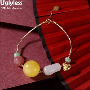 

Uglyless Pretty Natural Amber Beeswax Bracelets for Women Real 18K Gold AU750 Stamp Chain Jade Peanut Emerald Jewelry 24K Buddha