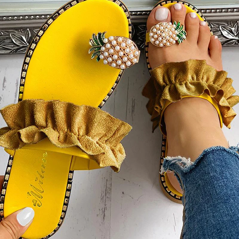 Günstige Hausschuhe Frauen Schuhe Sommer sandalen Strand Ananas Flache Hausschuhe Außerhalb Rutschen Zapatos De Mujer Glänzende Kristall Damen Schuhe