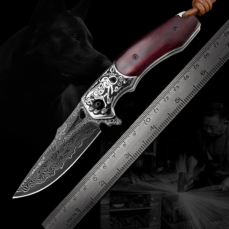Handmade Pocket Folding Knife Japanese Damascus Steel Rosewood Handle Leather Sheath Knives For Men Hunting Camping Self Defense |