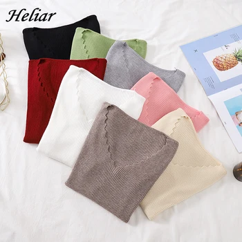 

Heliar Wave Neck Plain Fall Sweater Women Underwear Knitted Tops Women Casual V-Neck Thin Pullovers 2019 Autumn Sweater