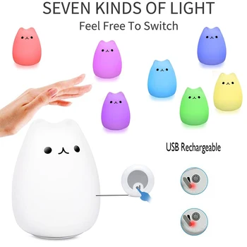 

Cute Animal Silicone Night Light LED Touch Pat Baby Children's Lamp Gift 7 Colors 2 Modes Usb Cat Lamps Bedroom Decoration