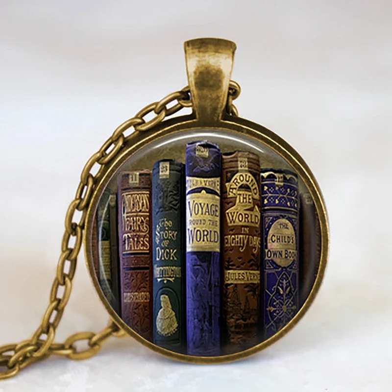 New Fashion Necklace Glass Dome Vintage Library and Books Pendants Necklace For Students Teachers And Librarians Necklace