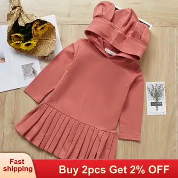 

Girls Autumn Dress 2020 New Spring Style Baby Girls Long Sleeve Blouse Rabbit Ears Hooded Ruched Children Dress 2-6Y