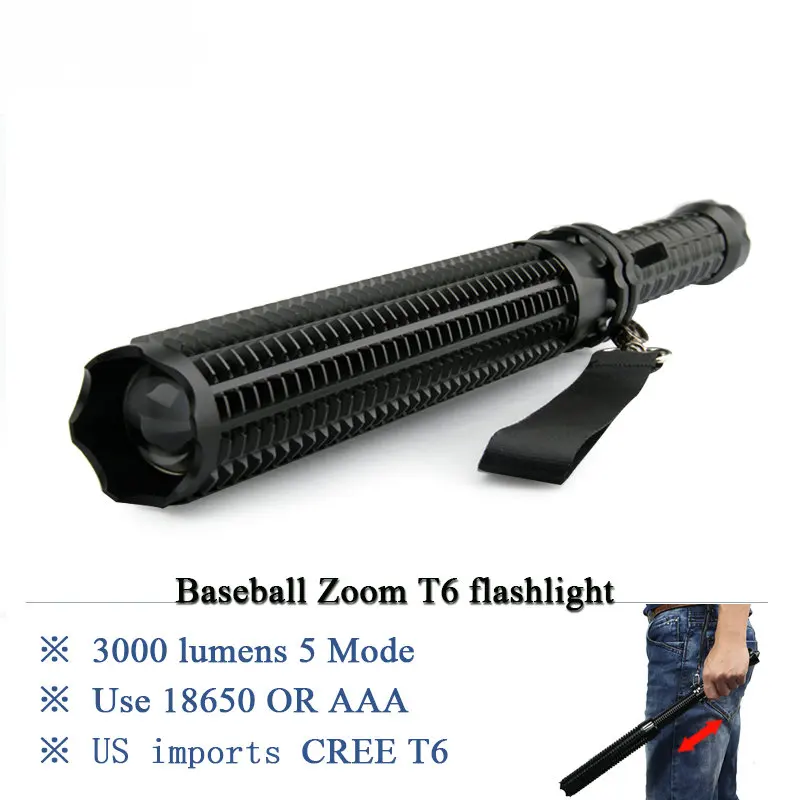 Tactical Baseball Bat Zoom LED CREE XML T6  Flashlight Self defense Torch  2800 lm 5 Mode Use 18650 Rechargeable Battery OR AAA