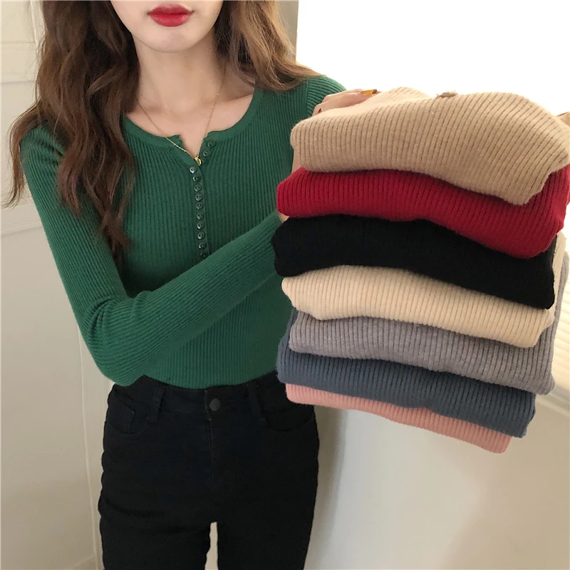 

Sweater Tops Woman Slim Full Sleeve Bottoming Knitted Autumn Winter Elastic Buttons V-neck Sweaters Pullovers Female GR0796