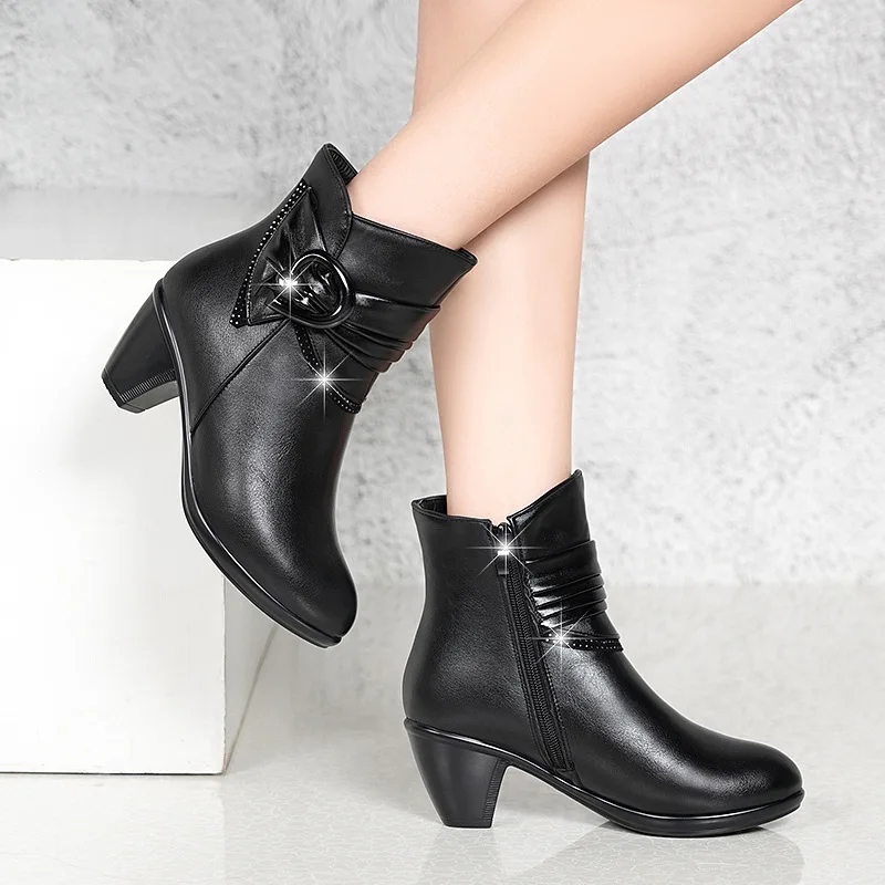 

Short Boots Women's Chunky Semi-high Heeled Mom Shoes Autumn & Winter New Style Soft Leather Warm Anti-slip Bow WOMEN'S High Hee