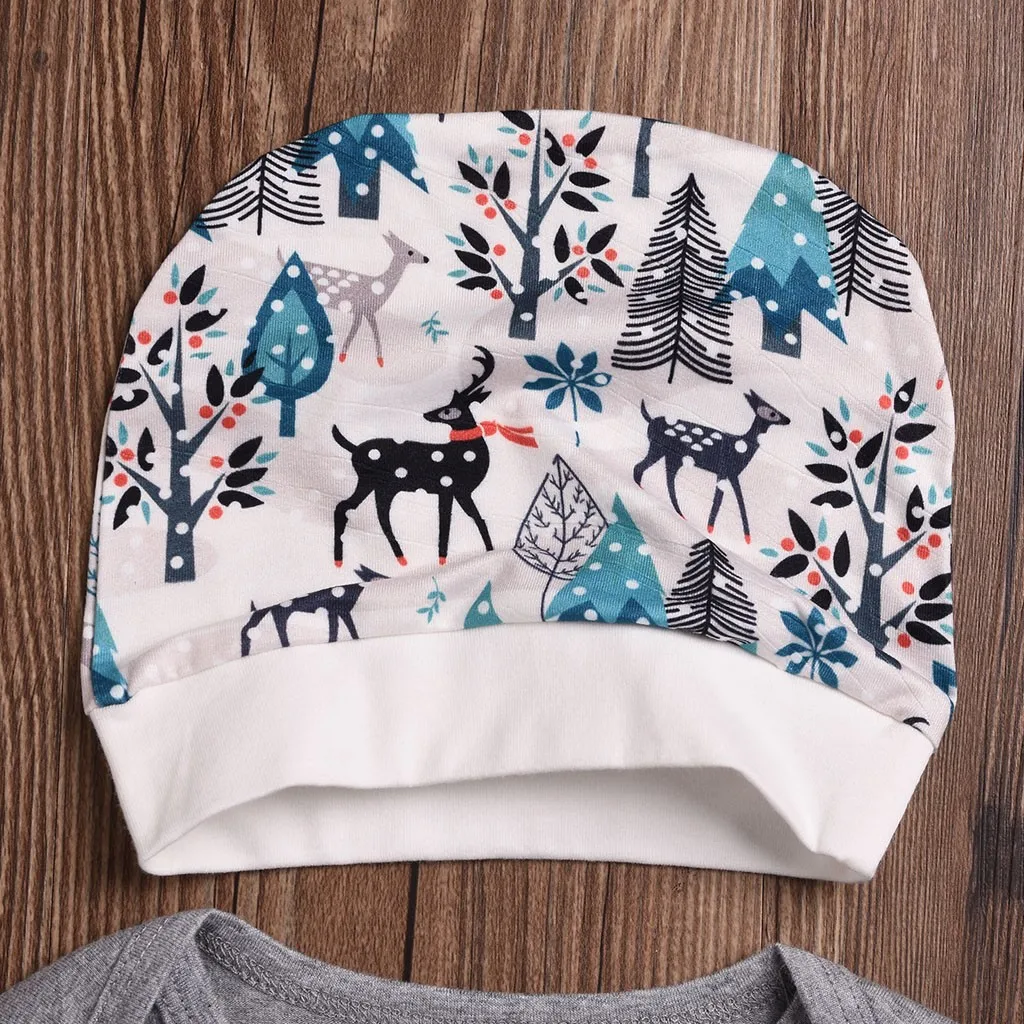 Рождественская Одежда для новорожденных мальчиков и девочек комплект из 4 предметов, комбинезон с изображением сосны, боди+ штаны+ шапочка+ повязка на голову комплект одежды для малышей