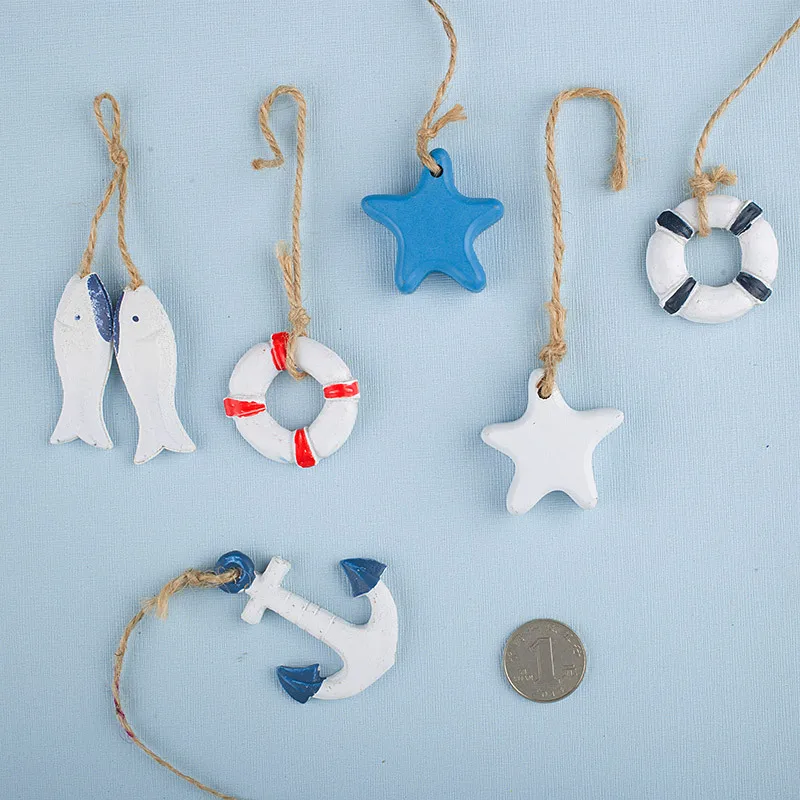 Marine Fishnet Wall Decoration Mediterranean Style Decorative Fishnet Starfish Small Fish Anchor Lifebuoy Small Pendant Wooden Ornament Crafts