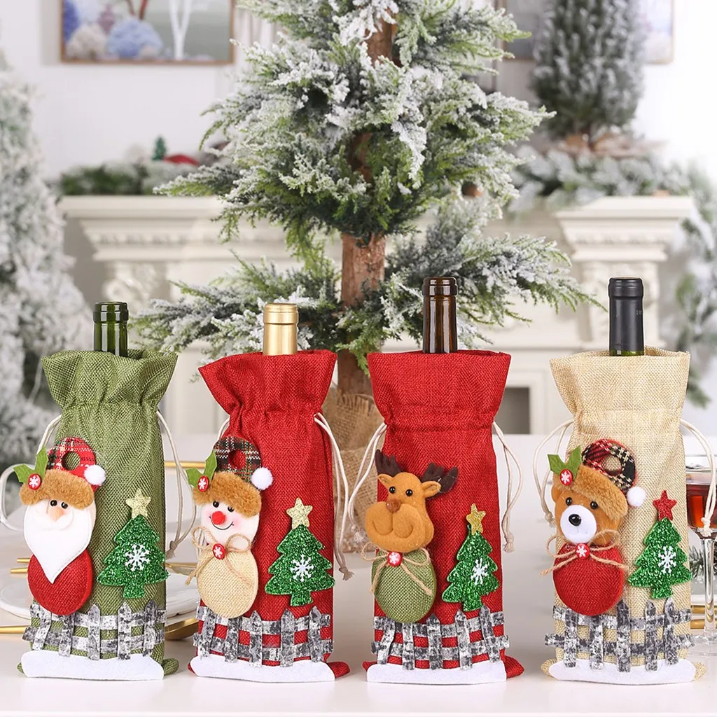 2020 Christmas Red Wine Bottle Covers Bag Santa Clause Snowman Linen Champagne Party Home Decor Table | Дом и сад