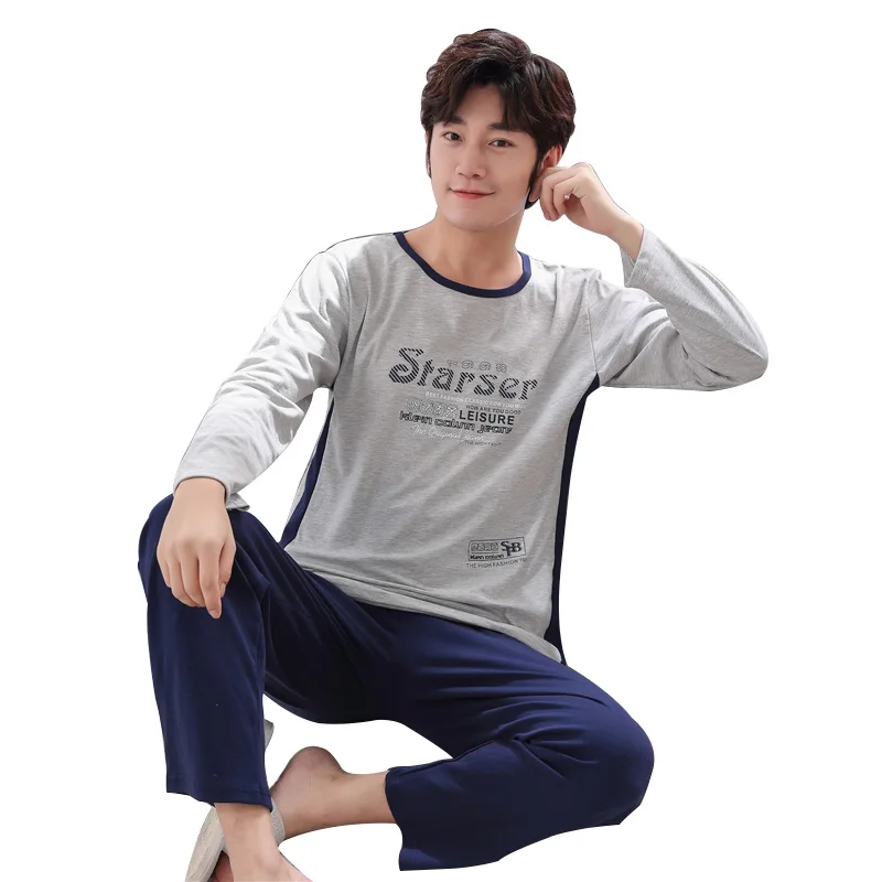 

2020 Autumn Men's Pajamas Full Cotton Long Sleeve Casual Sleepwear with Pants Set Comfortable Simple Pyjama Home Clothes Sale