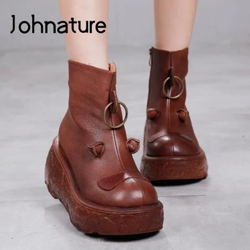 

Johnature Winter Ankle Women Boots Genuine Leather 2020 New Women Shoes Round Toe Wedges Zip Handmade Concise Platform Boots