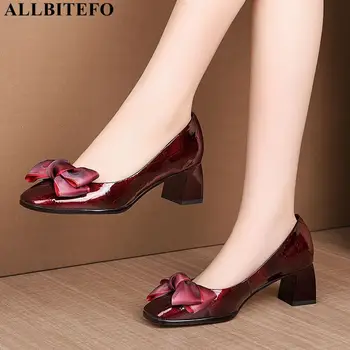 

ALLBITEFO large size:33-42 genuine leather sweet bowtie wedding women shoes brand high heels office ladies shoes women heels