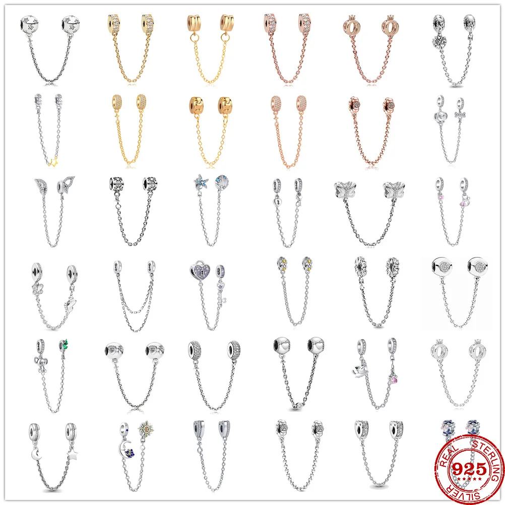 Silver 925 Zirconia Butterfly Flower Crown Safety Chain Charm Bead Fit Original Pandora Bracelet Pendant DIY Jewelry For Women | Украшения