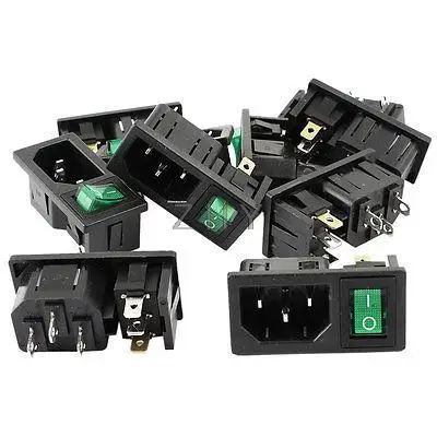 

10 Pcs 3 Pin SPST Green Lamp Rocker Switch IEC320 C14 Power Socket AC 10A 250V