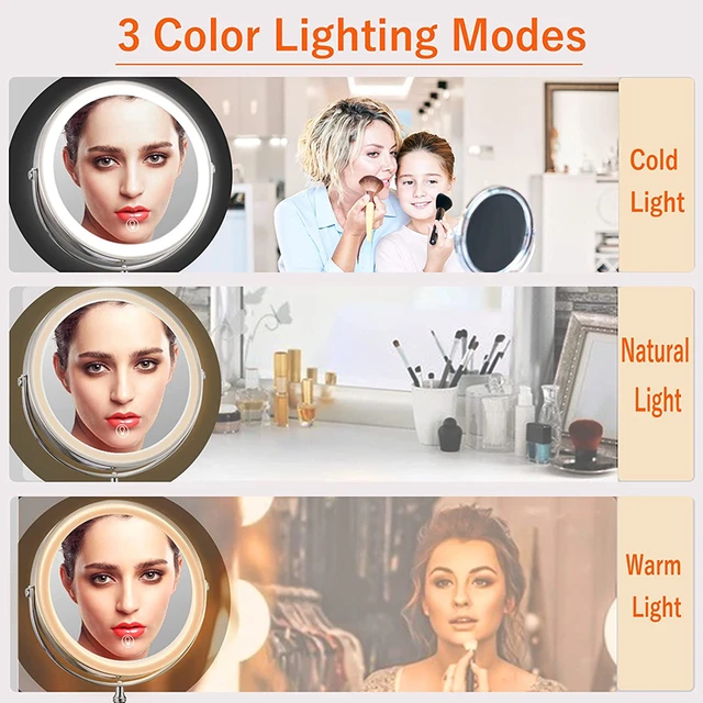  Espejo de maquillaje iluminado de 8 pulgadas con aumento, espejo  de aumento 1X/10X con luz, recargable inalámbrico de doble cara de 360°,  espejo de maquillaje ajustable de brillo de 3 colores