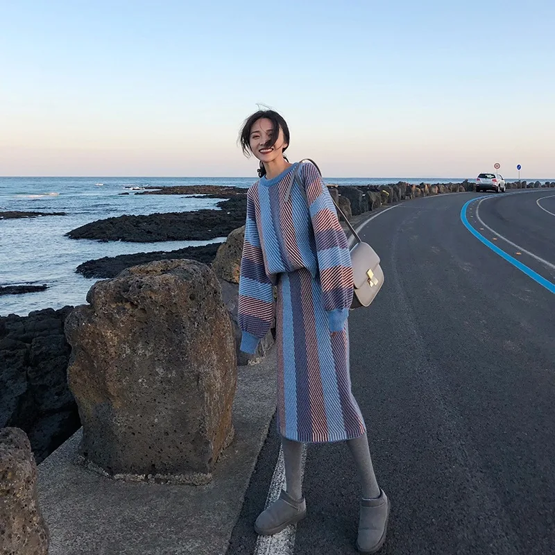 

Ethnic-Style Knitting Suit Women's Autumn And Winter Elegant Crew Neck Sweater Medium-length Sheath Skirt Two-Piece Set