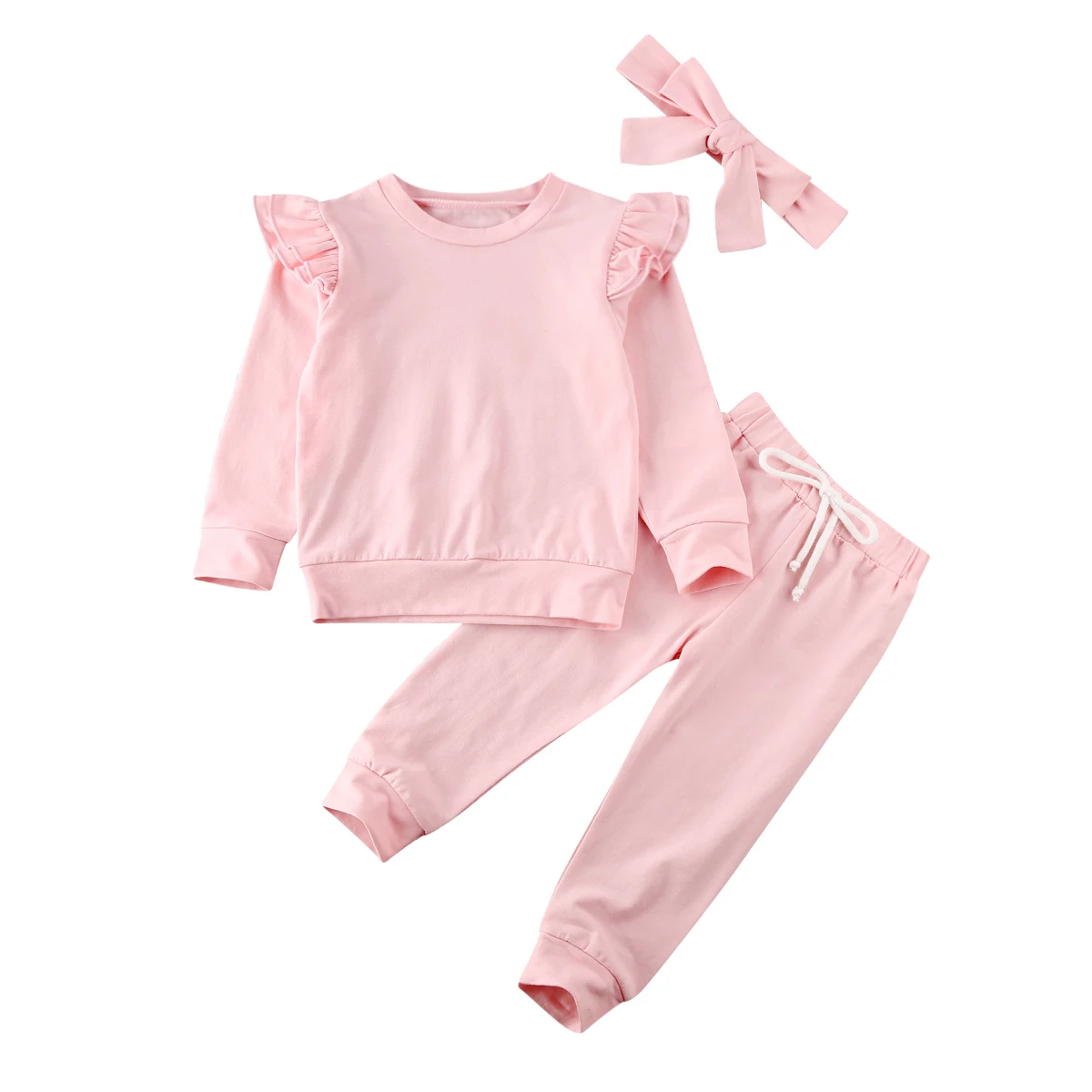 Комплекты одежды для маленьких девочек от 0 до 24 месяцев Однотонный свитер с длинными рукавами+ штаны, комплект со штанами, спортивные костюмы, одежда - Цвет: Розовый