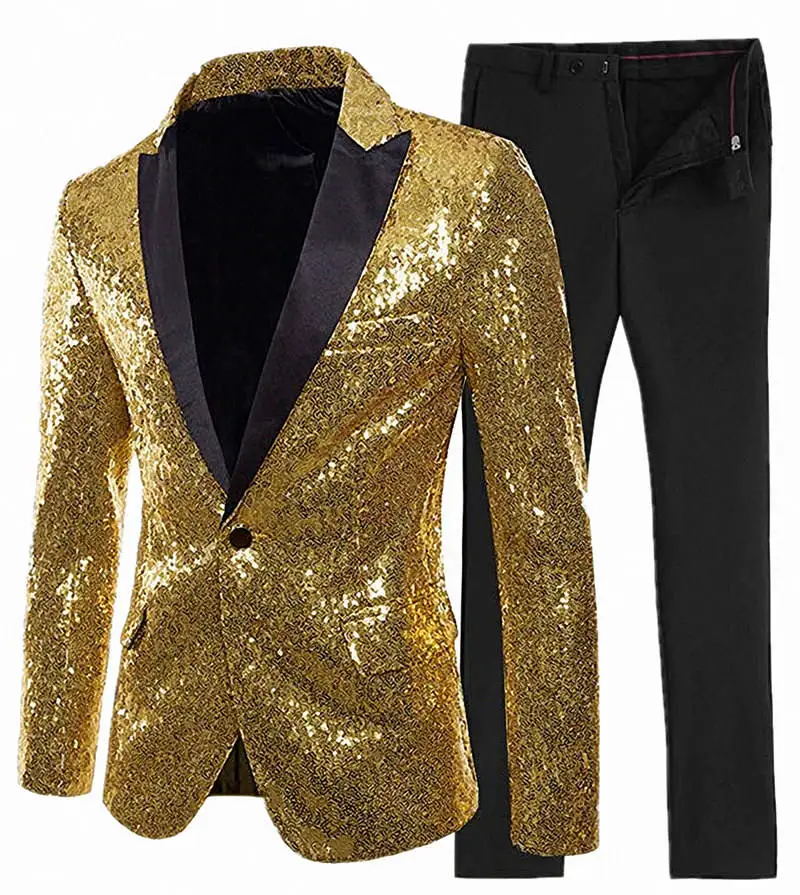 Шикарные мужские блестки на одной пуговице; костюм-смокинг для вечерние; костюм на карнавал или Хэллоуин Косплэй костюм мага, Блейзер, пиджак, брюки для девочек - Цвет: Золотой