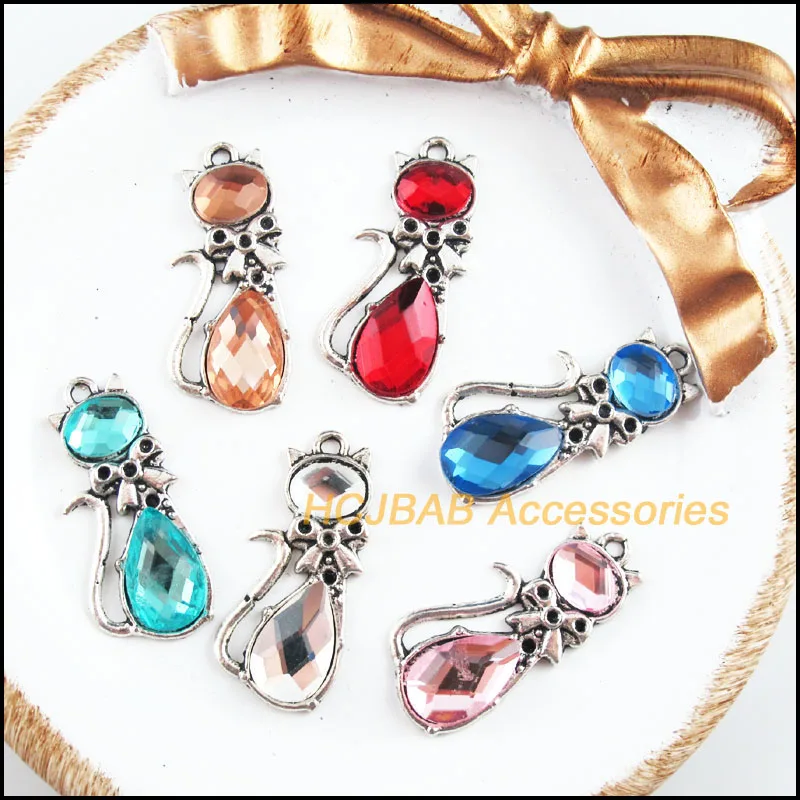 

12 New Animal Cat Charms Tibetan Silver Tone Retro Mixed Crystal Pendants 13x29mm