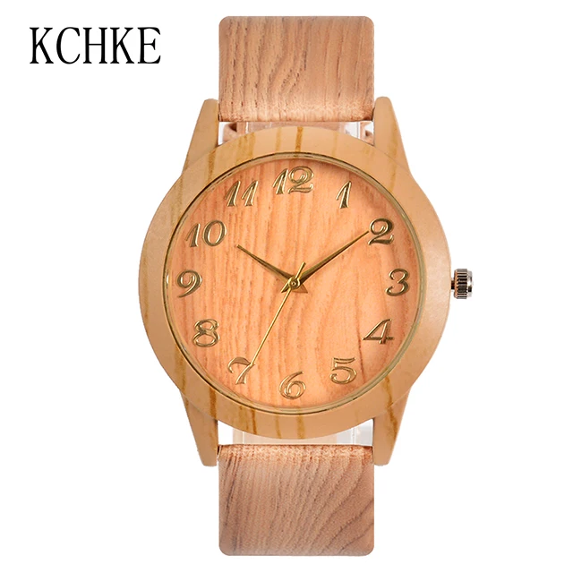 KCHKE 2020 Black/Coffee/Beige Dial Natural Bamboo Wood Watch Men Women Genuine Leather Wooden Clock Male hour Reloj de madera Men brown