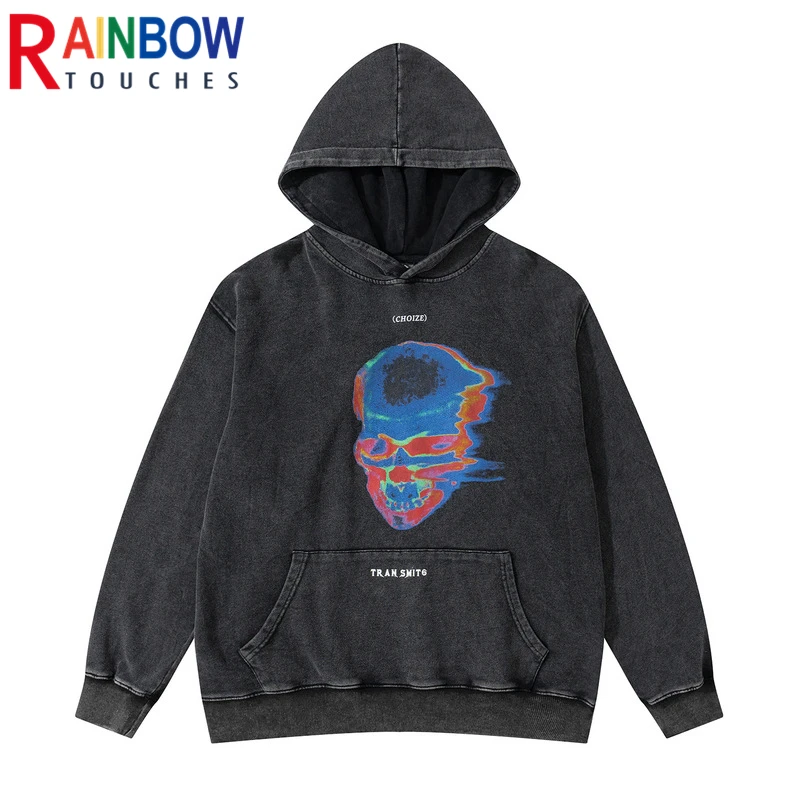 Rainbowtouches Washed Hoodies Men High Street Fashion Skull Graphic Print Trend Hip Hop Anime Coat Unisex Essentials Hoodie 2022 | Мужская