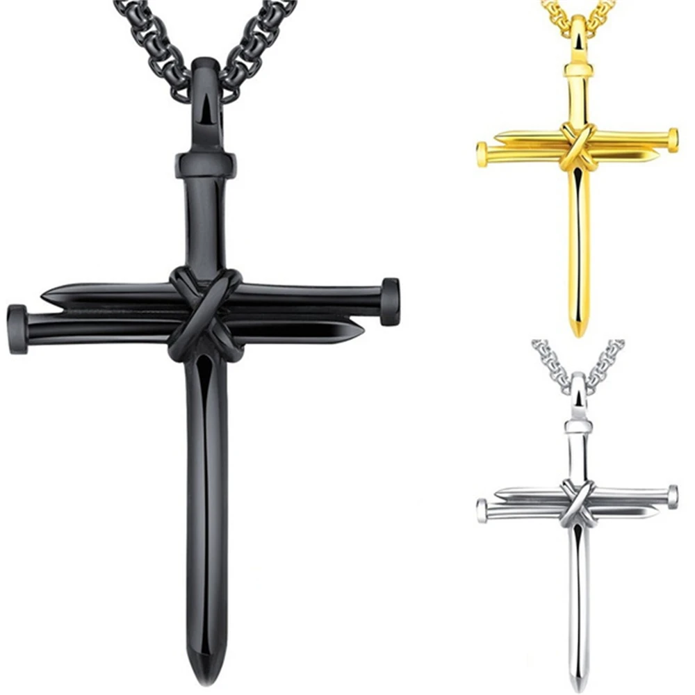 2021 New Fashion Cross Necklace Men Punk Nail Styling Pendant Black Gold Silver Color Chain Creative Gifts | Украшения и