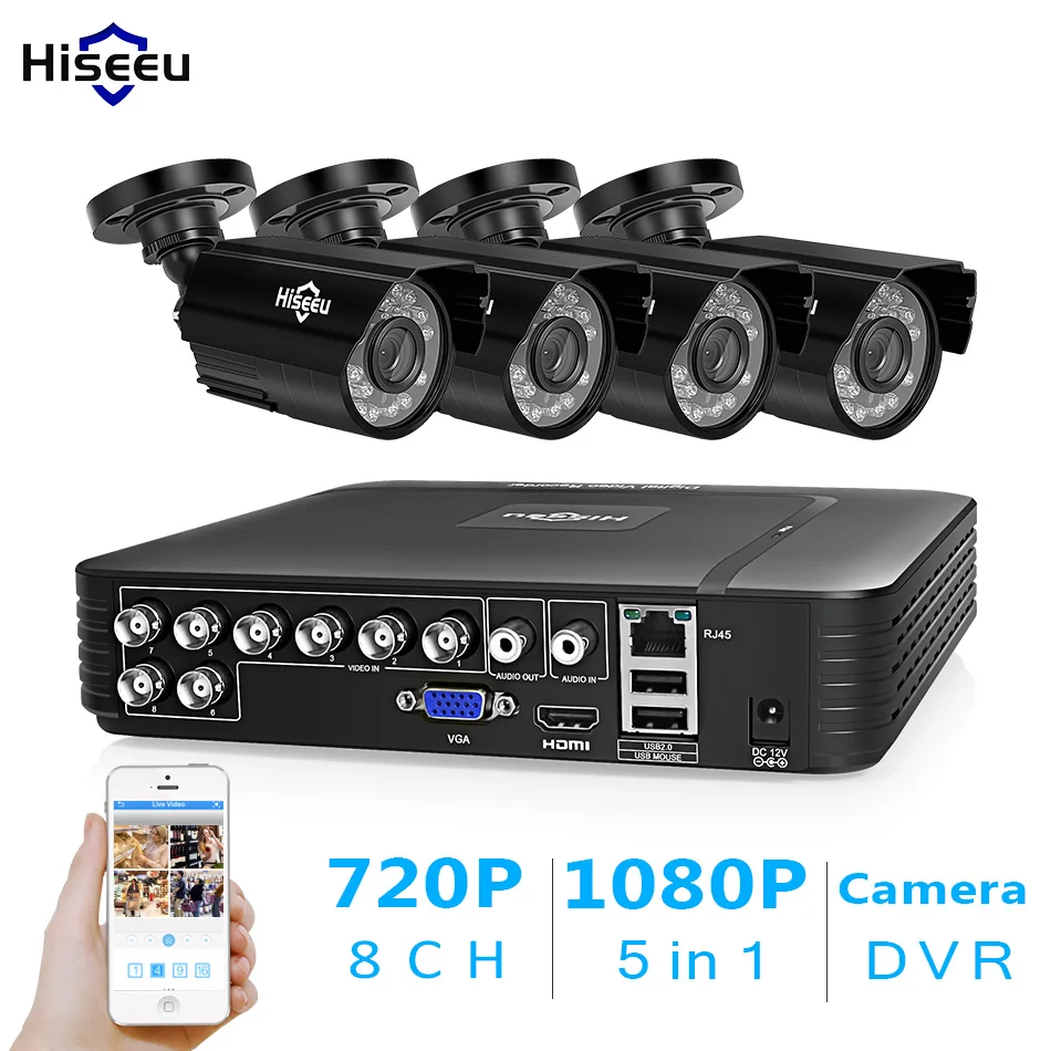 Камера видеонаблюдения Hiseeu 8 каналов 4 шт. 720P 1080P AHD водонепроницаемая уличная