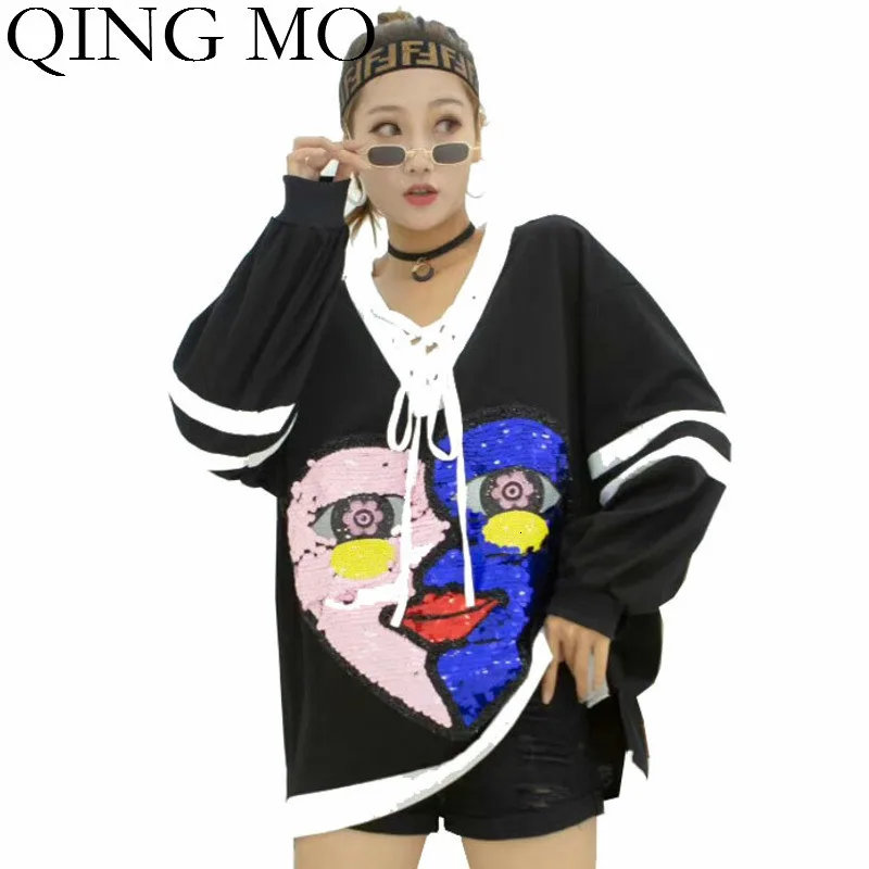 

QING MO Fashion Brand Women Heart Sweatshirt With Sequin Women Autumn Elegant Sweatshirt V Neck Full Sleeve Sweatshirt ZQY1695