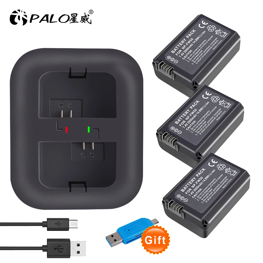 

3pcs 2000mAh NP FW50 NP-FW50 NPFW50 Camera Battery + smart USB LED Charger for Sony Alpha a6500 a6300 a6000 a5000 a3000 NEX-3