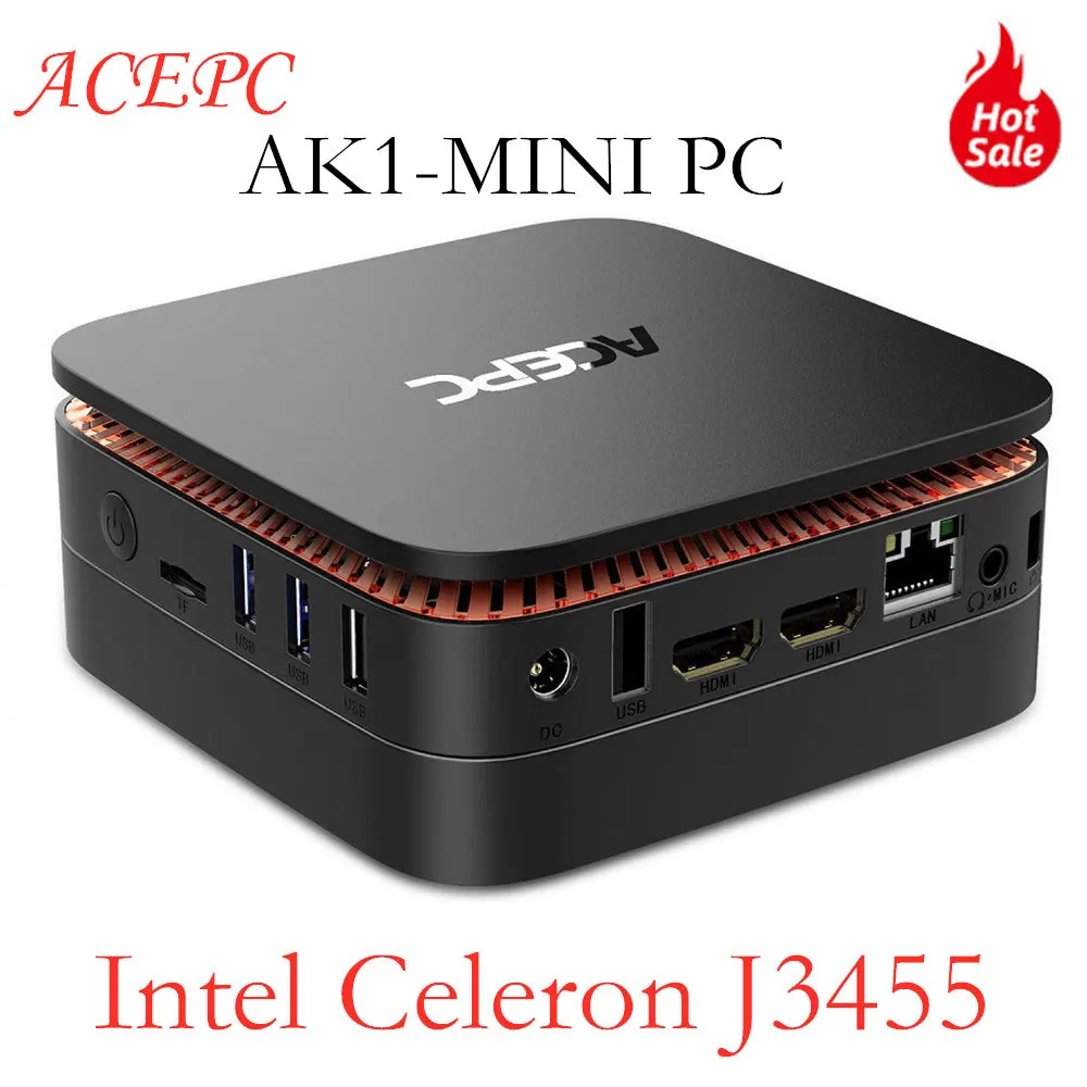 Скидка AK1 мини ПК Windows 10 мини компьютер безвентиляторный ПК 4G 64G ram Intel Celeron Apollo Lake J3455 2,4G 5G WiFi 4K настольный компьютер