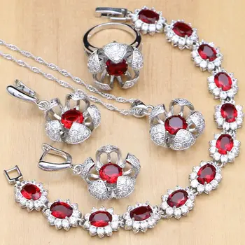 

Flower Silver 925 Jewelry Red Stones White CZ Jewelry Set For Women Earrings/Pendant/Necklace/Rings/Bracelet