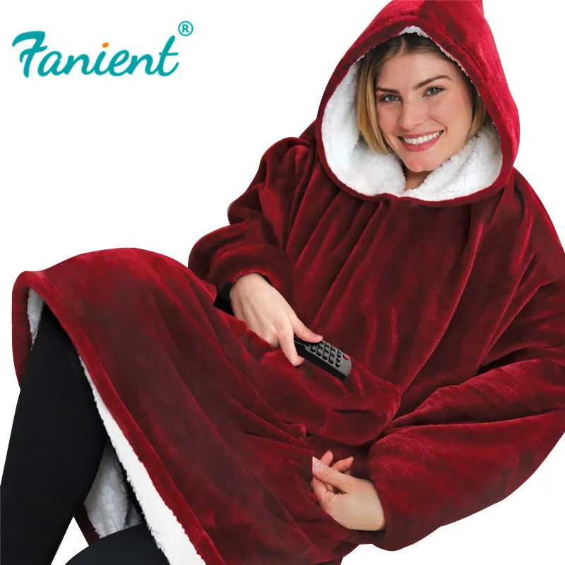

Microfiber Plush Coral Fleece Sherpa Blanket With Sleeves Super Soft Warm Outdoor Pocket Hoodie Adult Winter Hooded TV Blanket