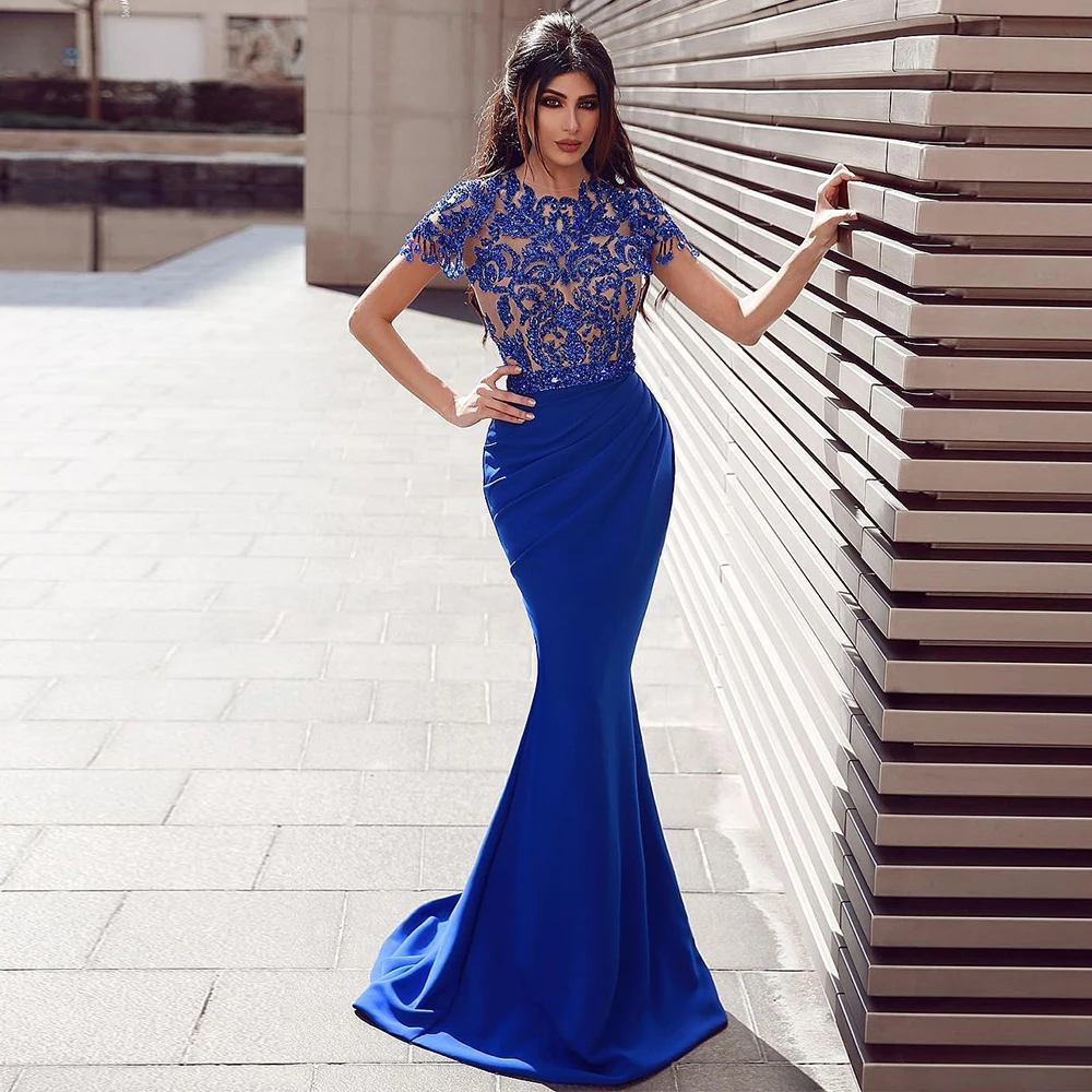 

Robe De Soiree Crystal Beading Evening Dresses 2020 O Neck Short-Sleeves Mermaid Party Dress Illusion vestidos de noche