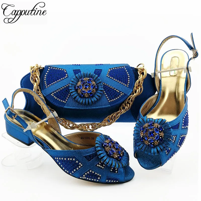 

Elegant royal blue medium heel pumps and bag nice African sandal shoes with handbag set for party MM1095, heel height 3.6cm