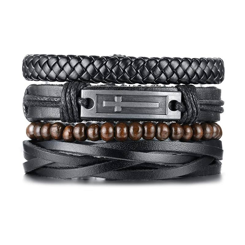 Vintage Cross Leather Bracelet Fashion Hand-knitted Multi-layer Leather Feather Rudder Bracelet and Fashion Men's Bracelet Gift