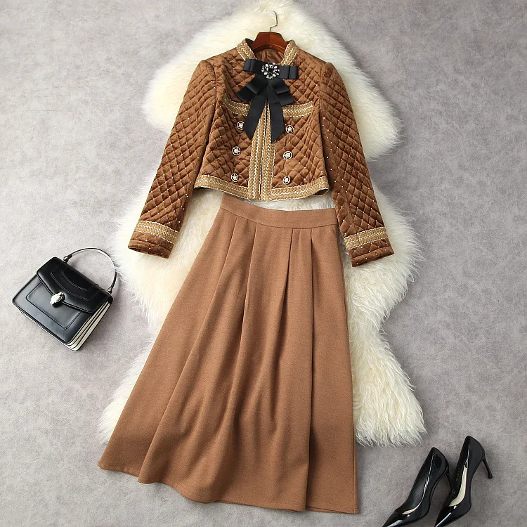 

European and American women's clothing winter 2022 new Long sleeve sequined velvet bow coat Pleated skirt Fashion suits