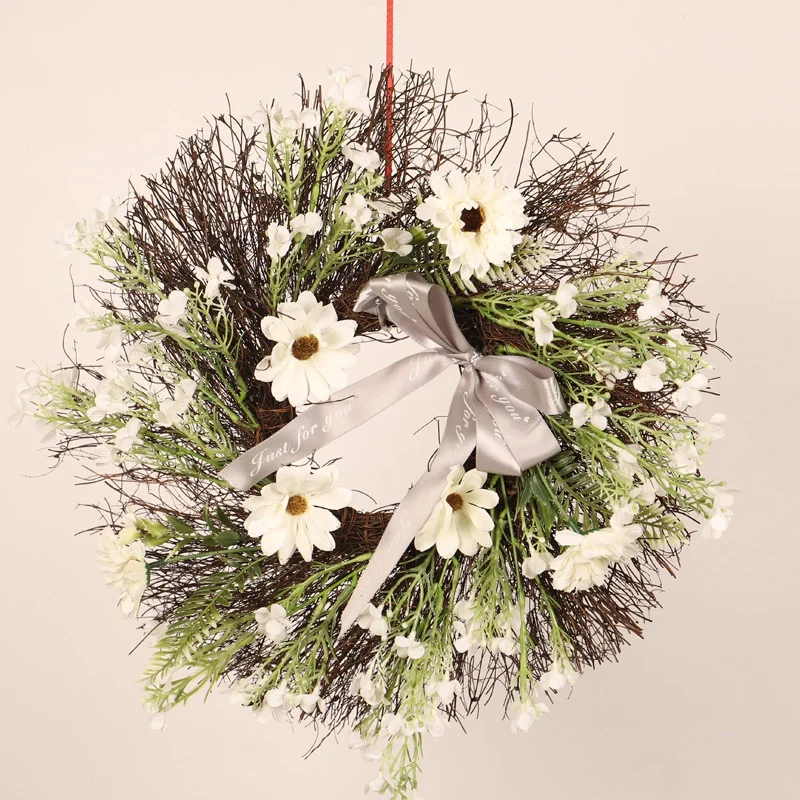 

Rattan Artificial Flower Garland With Ribbon Bow Handmade Vintage Front Door Wreath For Home Wedding Party Holiday Decoration