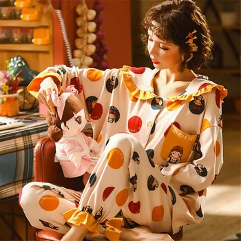 

Sleepwear Women Pajamas Suit Cotton Long Sleeve Pajamas Suit Intimate Lingerie Casual Nightwear 2PCS Sleep Set Home Clothing