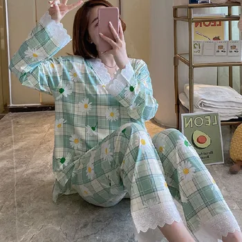 

Women Sleepwear Set Autumn Long Sleeve Cotton Sweet Pajama Set Soft Casual Homewear V Neck Nightwear