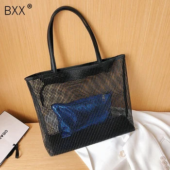 

[BXX] Hollow Out PU Leather High Capacity Bags For Women 2020 Summer Shoulder Handbag Female Travel Beach Bucket Bags HM570
