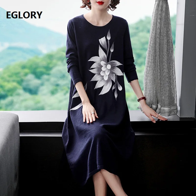 

2019 Autumn Winter Knitted Dress High Quality Women Vintage Lotus Flower Patterns Long Sleeve Mid-Calf Length Dark Blue Dress