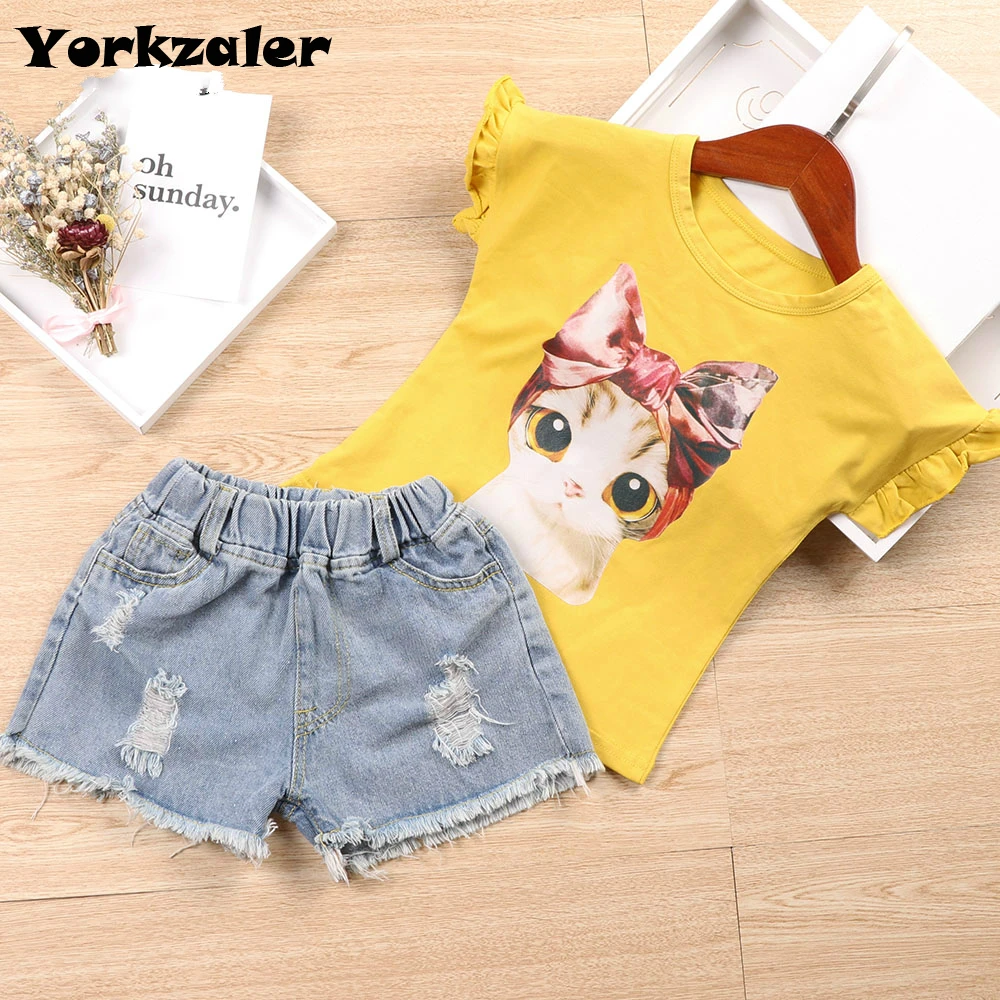 

Kids Girl Clothes Set Summer Cotton Cute Cat Shirt and Jeans Shorts 2 Pcs Clothing Set Kids Tracksuit New Children Outfits