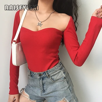 

Knitting Red Bodysuits Women Cropped Sweater Tops Sexy Off Shoulder Autumn Winter Pullover Square Collar Bottoming Romper 2019